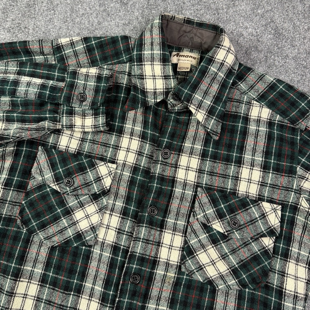 Vintage Amana Woolen Mills Flannel Shirt Mens M Green Plaid 50s 60s Outdoor Work